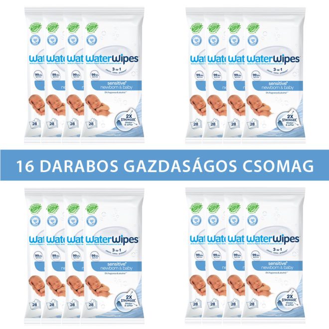 WaterWipes Biodegradable Nedves Törlőkendő Utazó Csomag Mega Pack 16x28db (448db) - Műanyagmentes, 99,9% Tisztított Víz és Grapefruit Kivonat, Érzékeny Bőrre