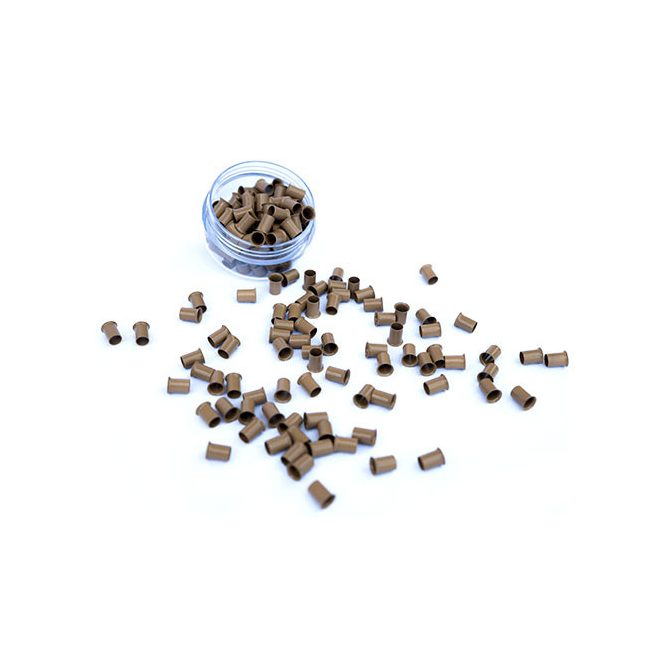 Mikro Hüvely Hajhosszabbításhoz Réz Szilikonmentes Nélkül Peremes Sötétszőke 100db #8 - Hossz 4mm, Belső Átmérő 2.4mm, Külső Átmérő 3mm